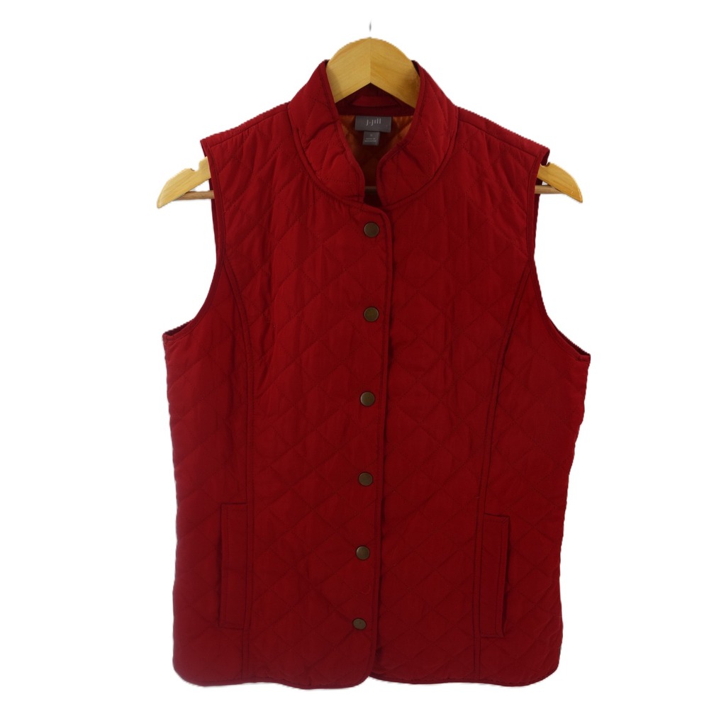 J Jill Quilted Puffer Vest Red‎ Snap Front Stand Collar Women's Size S